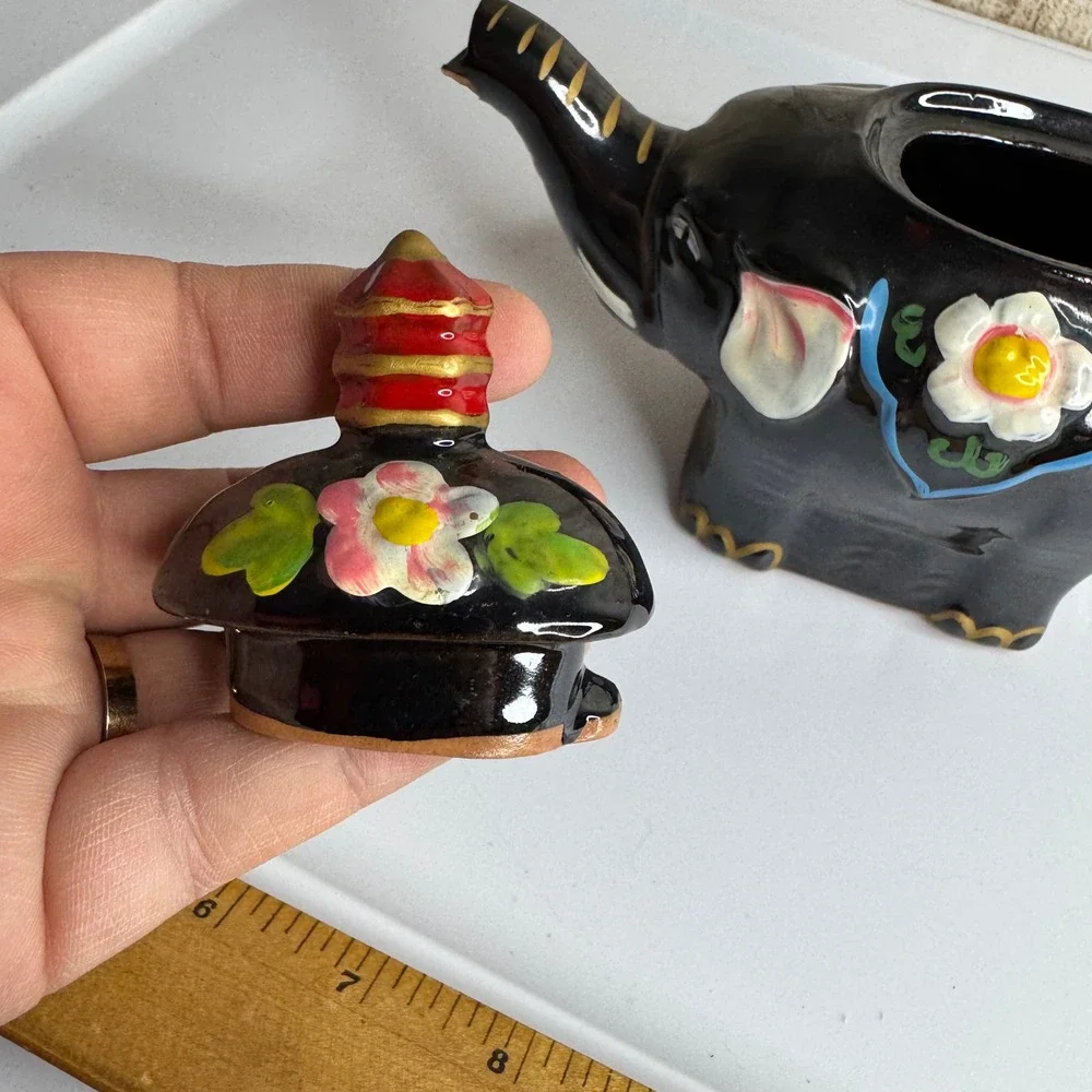 Vintage Black Elephant Teapot Ceramic Floral Design with Lid‎ Unique Collectible